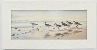 11" x 21" Early Bird Sandpipers Coastal Gel Textured Print in a White Frame