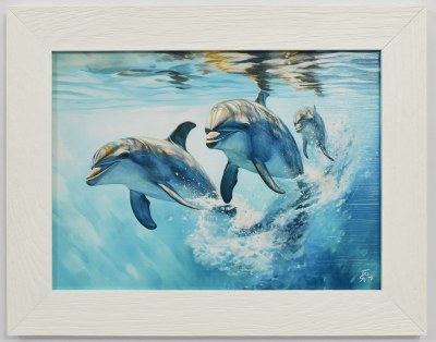 14" x 19" Dolphin Family Time Coastal Gel Textured Print in a White Frame