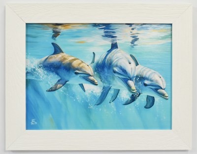 14" x 19" Underwater Dolphins Dancing Coastal Gel Textured Print in a White Frame
