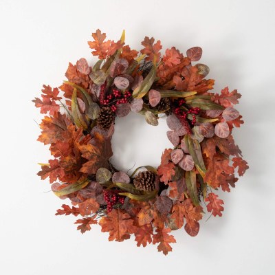 28" Round Faux Fall Leaves and Pine Cone Wreath