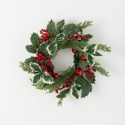 6.5" Opening Faux Holly and Red Bells Candle Ring