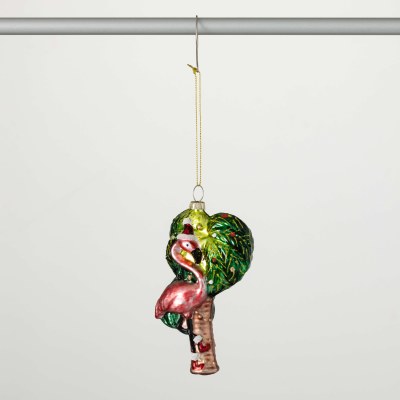 6" Glass Flamingo Under a Palm Tree Ornament