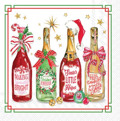 5" Square Rosanne Beck Christmas Wine Bottles Beverage Napkins