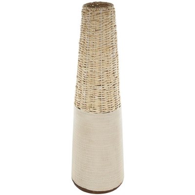 26" Beige Wicker and Ceramic Vase