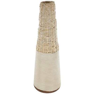 22" Beige Wicker and Ceramic Vase