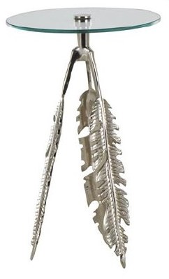 14" Round Silver Tropical Leaf Base Glass Top End Table