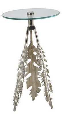 12" Round Silver Tropical Leaf Base Glass Top End Table