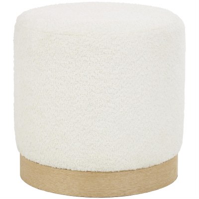 17" Round White Boucle Stool on a Wood Base