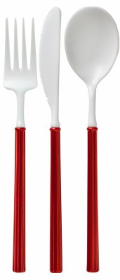 Set of 24 White and Red Knife, Fork, and Spoon Disposable Cutlery
