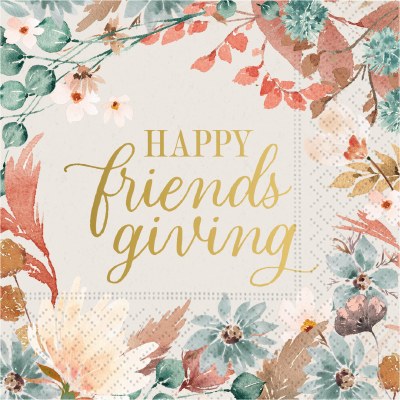5" Square "Happy Friendsgiving"  Blue Autumn Floral Beverage Napkins