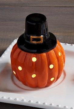 5" LED Orange Pumpkin With a Hat Sitter by Mud Pie
