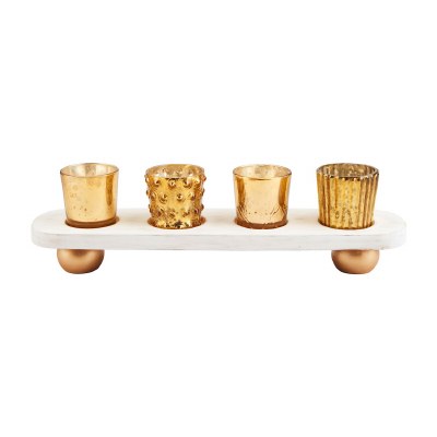 3" x 15" White and Gold Tray With Four Votives by Mud Pie