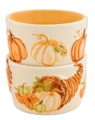 Set of Two 3" Round Cornucopia and Pumpkin Ceramic Tidbit Dip Bowls by Mud Pie