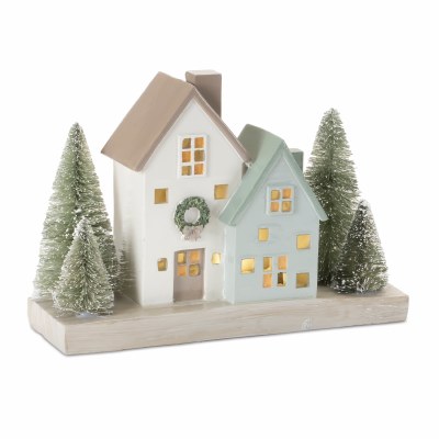 5" LED Green and White Polyresin Houses Figurine
