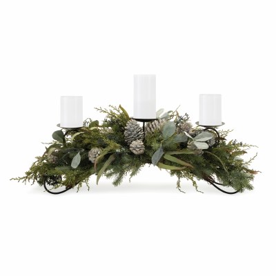 32" Faux Frost and Green Pine Triple Pillar Candle Holder