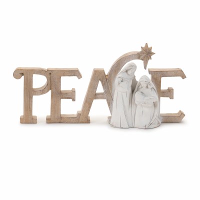 5" x 10" Whitewash and Brown Polyresin "Peace" Holy Family Sign