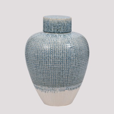 15" Blue and White Ceramic Grid Jar With a Lid