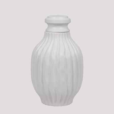16" White Ribbed Ceramic Jar With a Lid