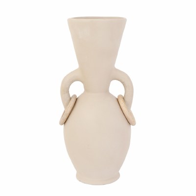 18" Beige Two Handle Vase With Two Wood Rings