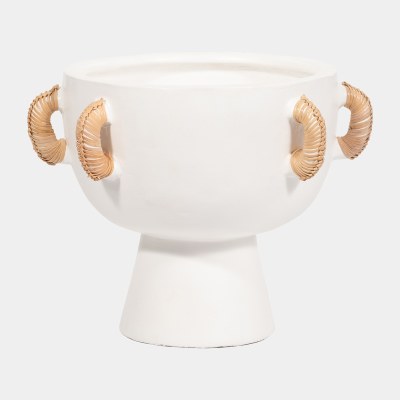 9" White Pedestal Terracotta Bowl With Rattan Wrapped Handles