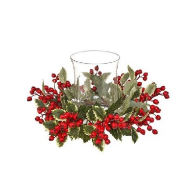 16" Faux Holly Centerpiece With a Glass Hurricane