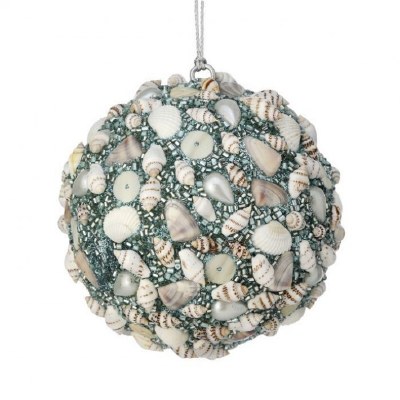 4" Aqua Bead and Shells Ball Ornament