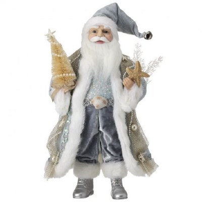 20" Blue and Silver Santa Holding Shells Statue