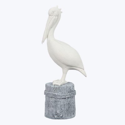 11" White Polyresin Pelican on a Blue Piling Statue