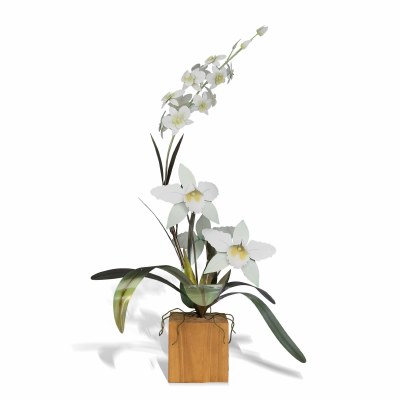 27" White Metal Cattaleya and Dendrobium Orchids on a Teak Wood Base Sculpture MM920W