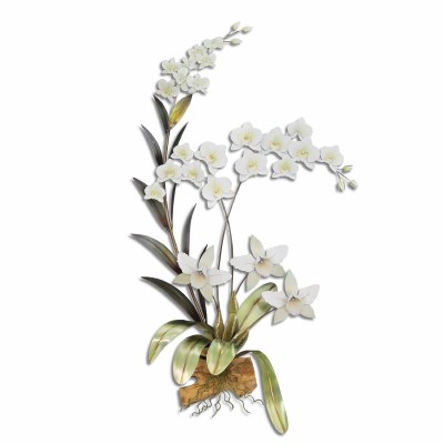 White Metal Orchid Spray With Gamal Wood 1 Botanical Wall Art Plaque MM922W