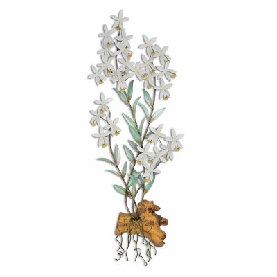31" x 12" White Metal Radican Orchid With Gamal Wood Botanical Wall Art Plaque MM928W