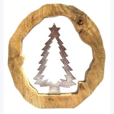 14" Silver Tree in a Wood Log Statue