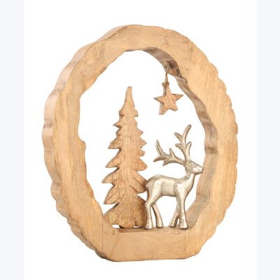 9" Silver Deer and Tree in a Log Statue
