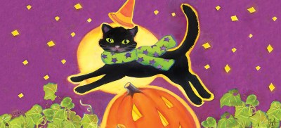 10" x 22" Black Cat Wearing a Hat Jumping Over a Pumpkin Sassafras Doormat Insert