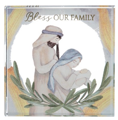 3" Sq "Bless Our Family" Glass Nativity Scene Block