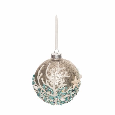 4" Round White and Aqua Shells and Coral Ball Ornament