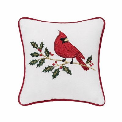 10" Sq Cardinal on a Holly Branch Decorative Christmas Pillow