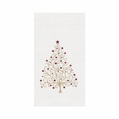 27" x 18" Gold and Red Christmas Tree Waffle Weave Kitchen Towel