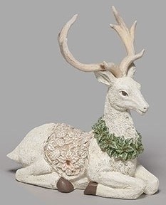 7" Distressed White Polyresin Sitting Deer Figurine