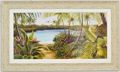 30" x 50" Blue Lagoon Coastal Gel Textured Print in a Distressed Sand Frame