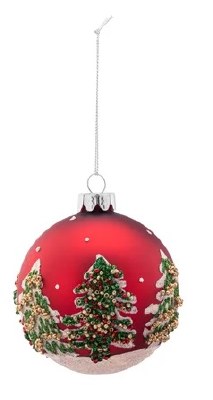 4" Green Tree on a Red Glass Ball Shaped Ornament