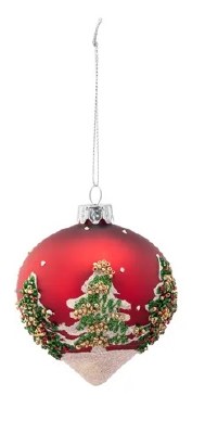 4" Green Tree on a Red Glass Onion Shaped Ornament
