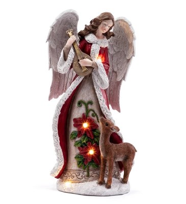 12" LED Red Angel With a Deer Statue