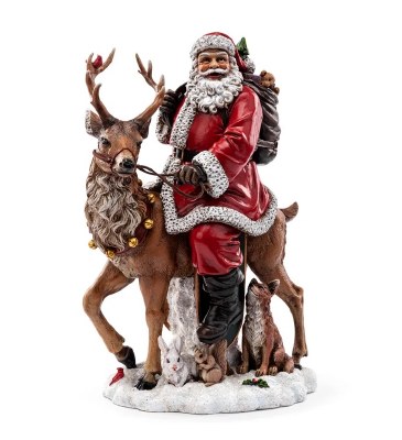 15" Santa on a Deer With Forest Animals Polyresin Statue