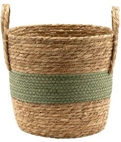 11" Natural and Green Woven Basket With Handles