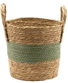 10" Natural and Green Woven Basket With Handles