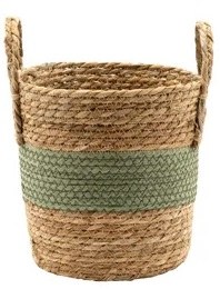 9" Natural and Green Woven Basket With Handles