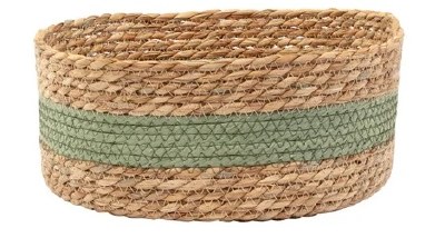 12" Round Natural and Green Low Woven Basket