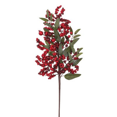 26" Faux Red Berries With Green Leaves Spray