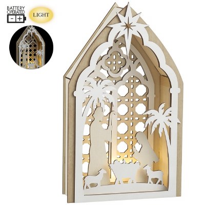 11" LED White Nativity Scene Wood Cut Out Statue
